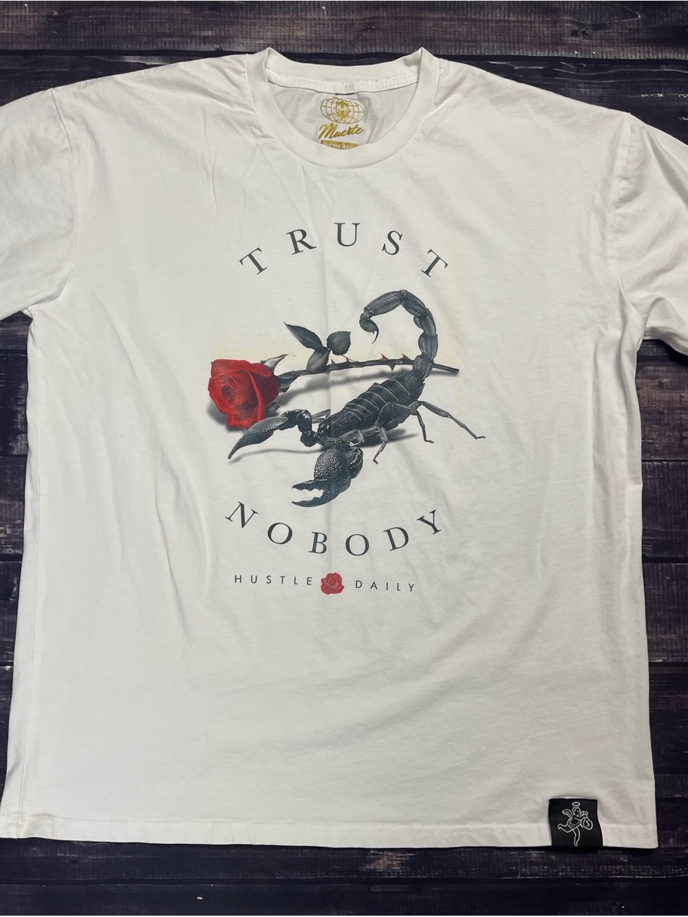 Trust Nobody White Graphic Tee with Red Rose
